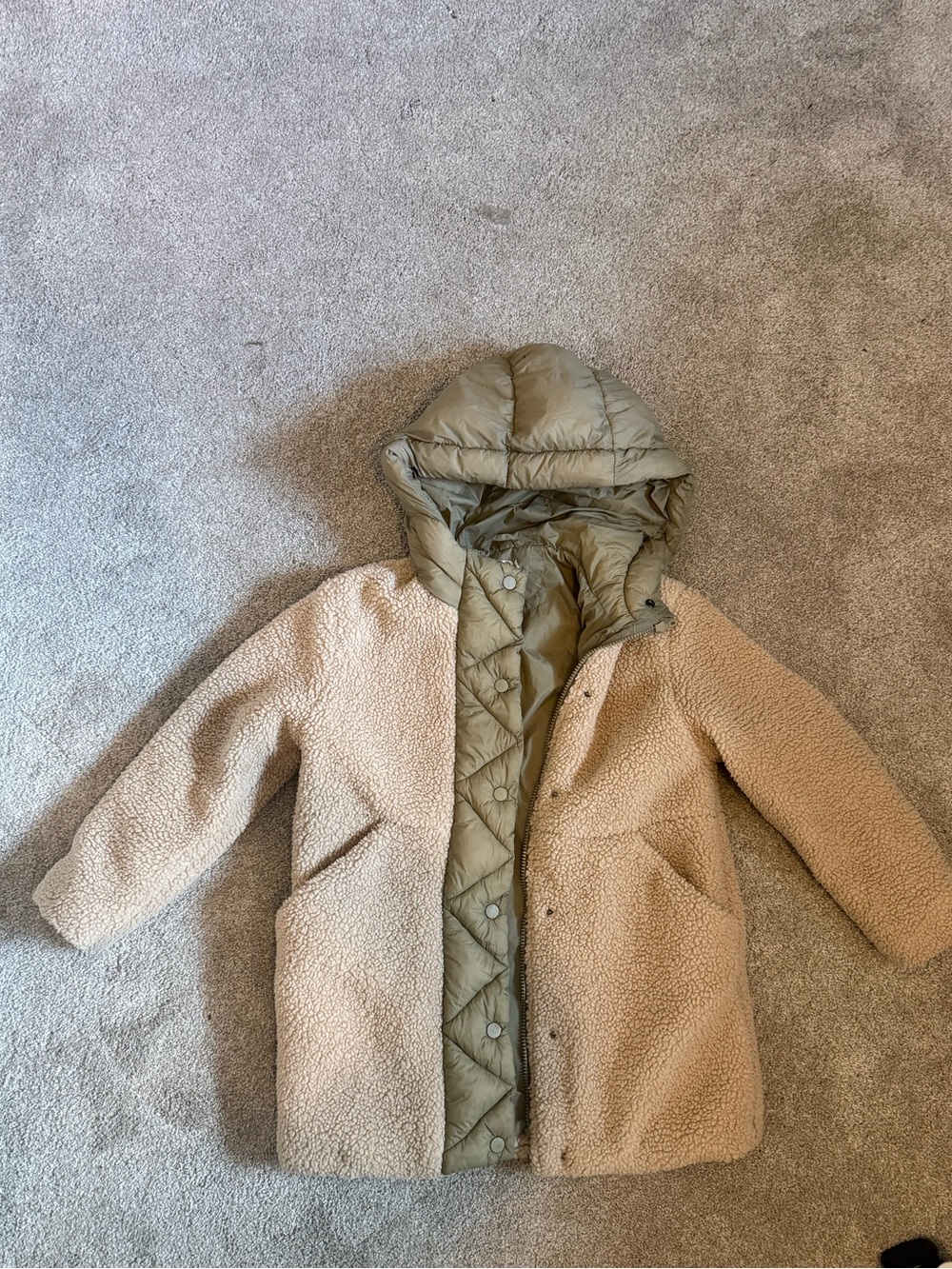 Zara Teddy Sherpa Coat with Olive Puffer Lining, size 9